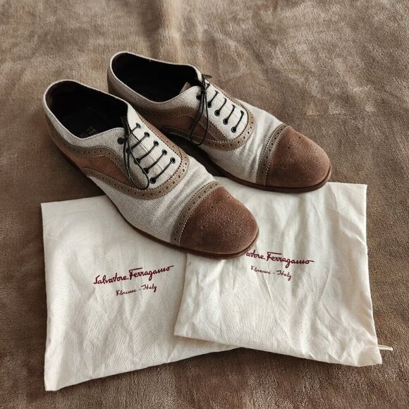 Salvatore Ferragamo Men's Beige Suede & Canvas Cap Toe Oxford Shoes US 11 EE - Picture 2 of 10